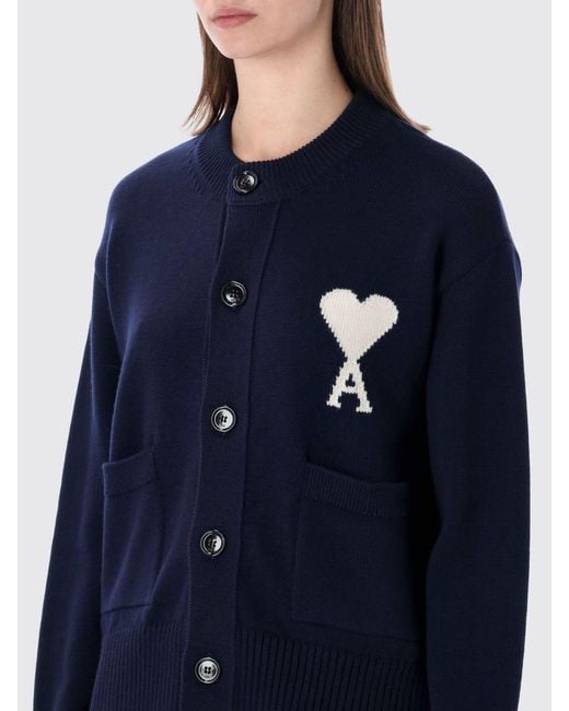 AMI Blue Wool And Cotton Logo Cardigan