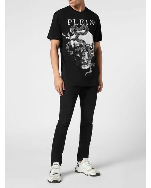 Philipp Plein Black Cotton T-Shirt With Skull Print And Rhinestone Embellishments for men