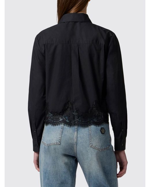 Philipp Plein Black Cotton Shirt With French Collar And Lace Inserts