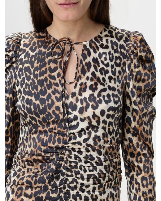 Ganni Brown Leopard Print Midi Dress Puff Sleeves