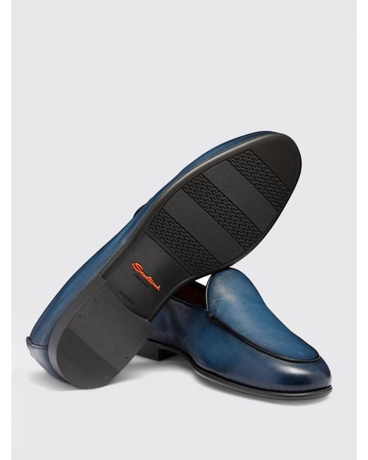 Santoni Blue Elegant Slip-On Loafers With Leather Sole For Comfortable Daily Use for men