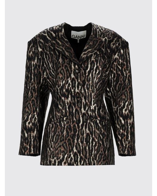 Ganni Black Single-Breasted Animal Print Crepe Blazer