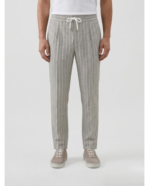 Brunello Cucinelli Gray Linen Drawstring Trousers for men