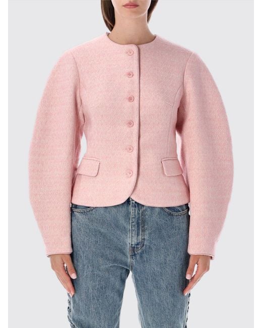 ROTATE BIRGER CHRISTENSEN Pink Cropped Wool-Blend Blazer With Chevron Pattern And Puff Sleeves