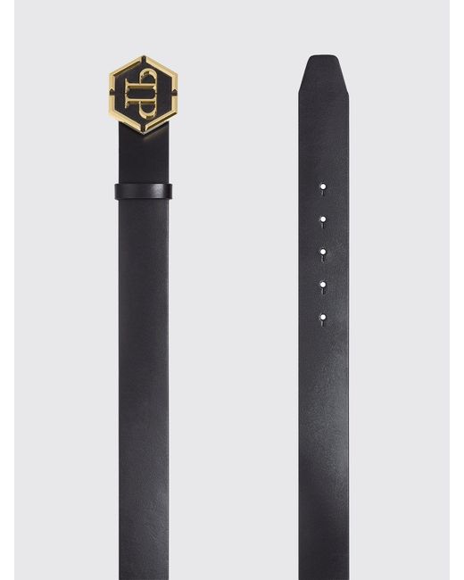 Philipp Plein Black Bovine Leather Belt With Hexagon Monogram Buckle for men
