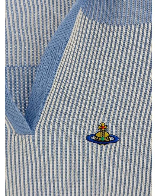 Vivienne Westwood Blue Slim Fit Striped Ribbed-Knit Polo With V-Neck And Orb Logo