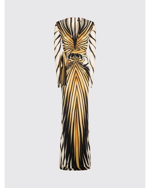 Roberto Cavalli Metallic Slim Fit Abstract Print Long-Sleeved Sheath Gown