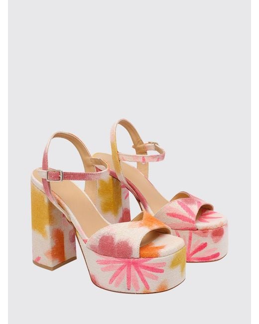Castaner Pink Floral Print Linen Platform Sandals With High Block Heel And Ankle Strap