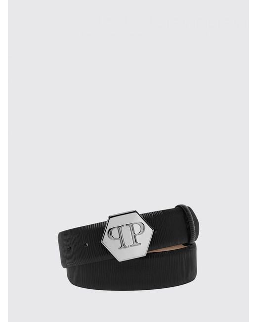 Philipp Plein Black Calfskin Leather Belt With Hexagon Monogram Buckle