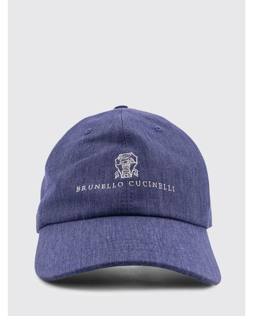Brunello Cucinelli Blue Linen Hat With Embroidered Logo for men