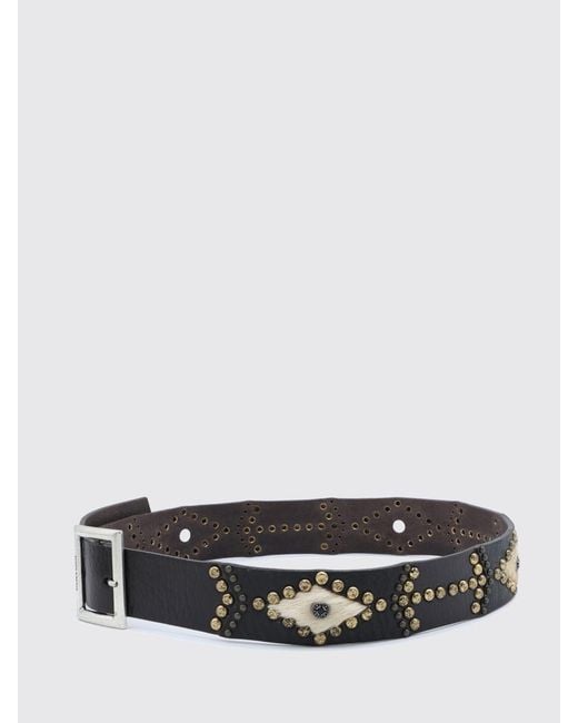 Golden Goose Deluxe Brand White Leather And Pony Hair Belt With Studs And Engraved Logo Buckle