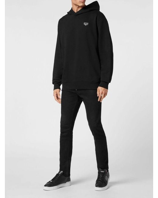 Philipp Plein Black Dropped Shoulder Cotton Hoodie With Applied Logo for men