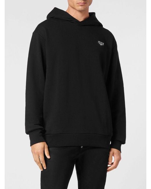Philipp Plein Black Dropped Shoulder Cotton Hoodie With Applied Logo for men
