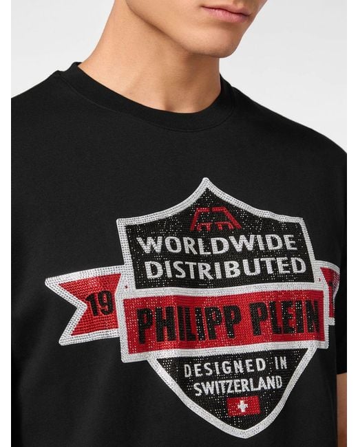 Philipp Plein Black Embroidered Rhinestone Logo Cotton T-Shirt for men