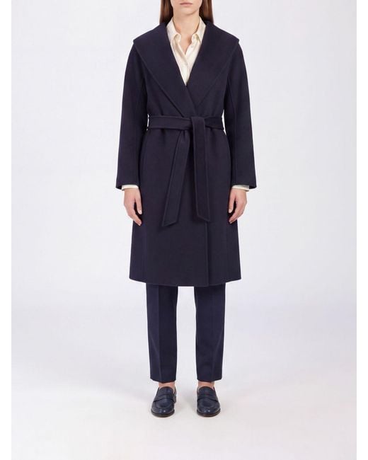 Max Mara Blue Belted Virgin Wool Robe Coat With Shawl Collar