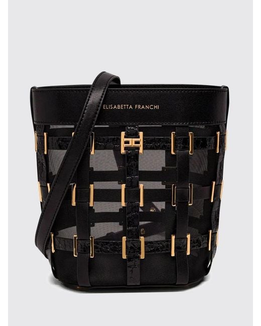 Elisabetta Franchi Black Mesh Bucket Bag With Embroidery And Internal Pouch