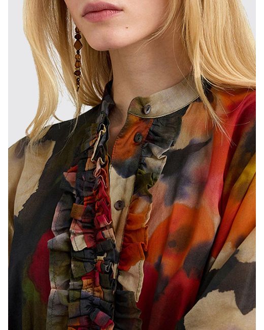 Momoní Red MomonÌ Short-Sleeved Floral Print Cotton Shirt With Ruffles And A Mandarin Collar