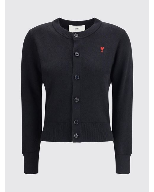 AMI Black Merino Wool Cardigan With Logo
