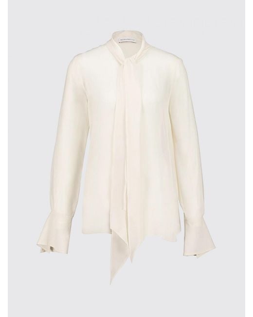 Nina Ricci White Pussy-Bow Silk Blouse With Flared Cuffs