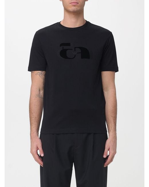 Emporio Armani Black Cotton T-Shirt With Flocked Logo for men