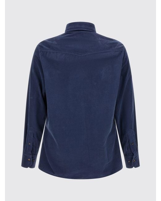 Brunello Cucinelli Blue Slim Fit Velvet Shirt With French Collar And Pockets for men