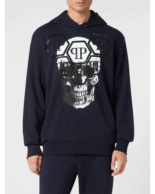 Philipp Plein Blue Cotton Hoodie With Skull Print And Rhinestone Logo for men