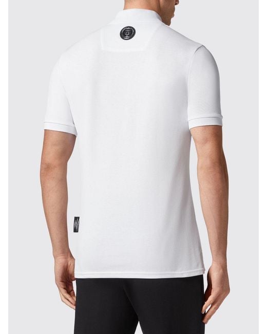 Philipp Plein White Slim Fit Cotton Polo Shirt With Laminated Hexagon Logo for men