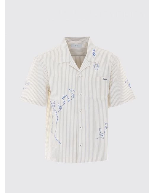 DUNST White Striped Cotton Bowling Shirt With Cuban Collar And Contrast Logo