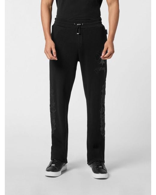 Philipp Plein Black Cotton Jogging Trousers With Embroidery for men
