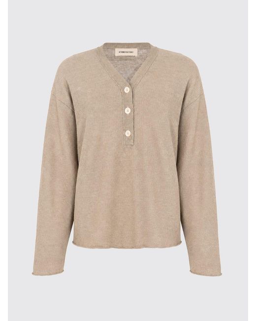 Atomo Factory Natural Linen Blend V-Neck Jumper With Three-Button Closure