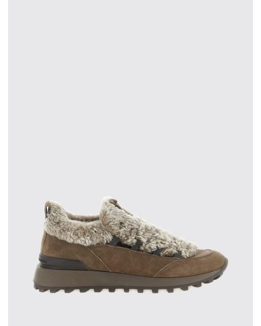 Brunello Cucinelli Brown Leather And Shearling Low Top Sneakers With Monili Detail
