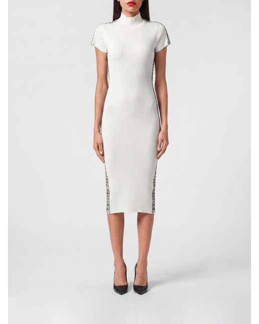 Philipp Plein White Ribbed-Knit Sheath Midi Dress With Rhinestone Embroidery