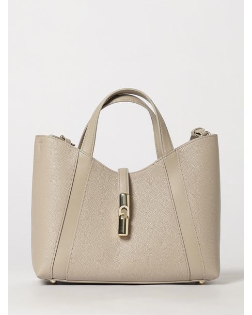 Furla Natural Goccia Small Grained Leather Tote Bag By With Snap Closure