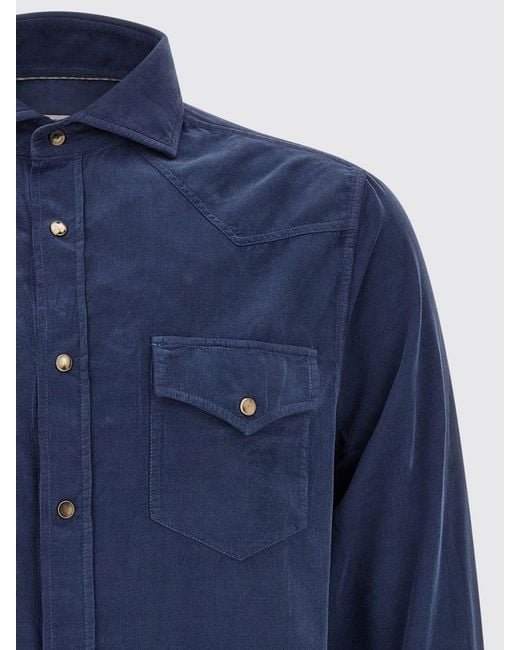 Brunello Cucinelli Blue Slim Fit Velvet Shirt With French Collar And Pockets for men