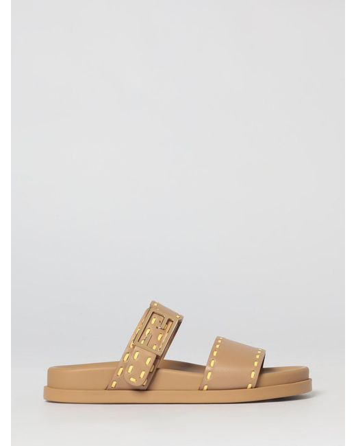 Fendi White Feel Leather Slippers With Contrast Stitching