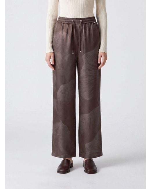 Herno Brown Floral Print Silk Straight-Leg Trousers With Drawstring Waist