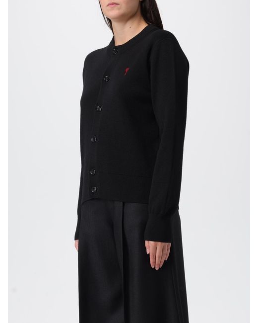 AMI Black Crew Neck Wool Cardigan With Logo