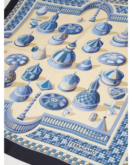 Ferragamo Blue Renaissance Geometries Print Silk Scarf