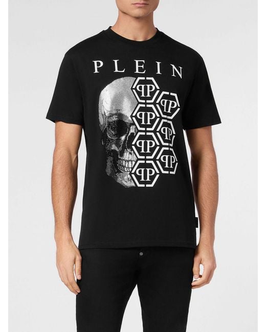 Philipp Plein Black Slim Fit Cotton T-Shirt With Skull And Monogram Print for men