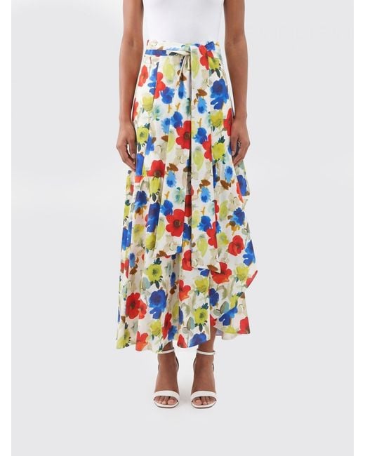 Sara Roka White Floral Linen Skirt