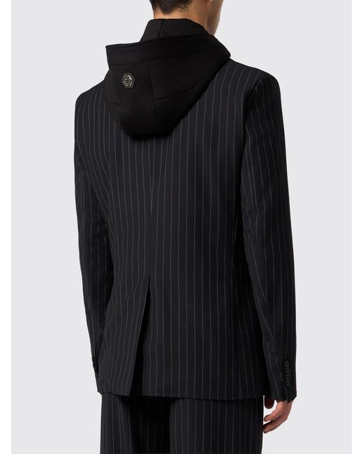 Philipp Plein Black Slim Fit Pinstripe Single-Breasted Blazer With A Hood for men