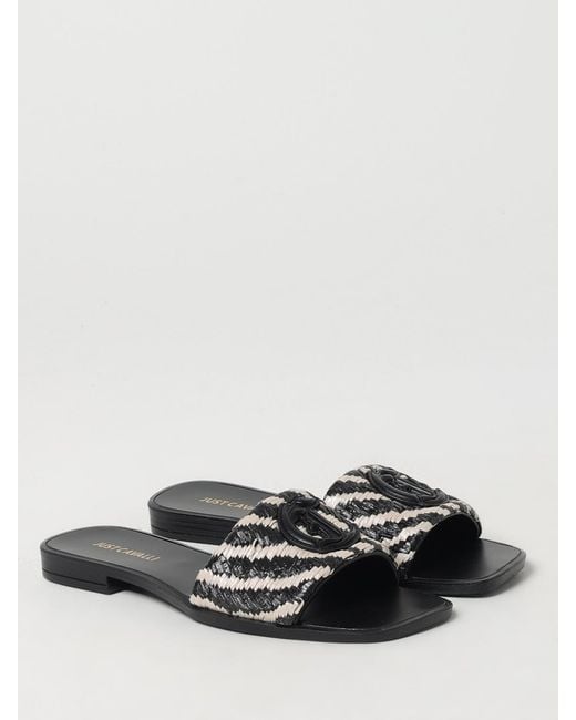 Just Cavalli White Raffia Woven Slide Sandals