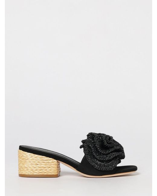 Paloma Barceló Black Suede And Raffia Slip-On Mules With Flower Appliqué