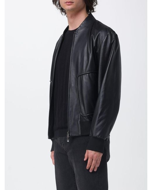 Emporio Armani Blue Leather Bomber Jacket for men