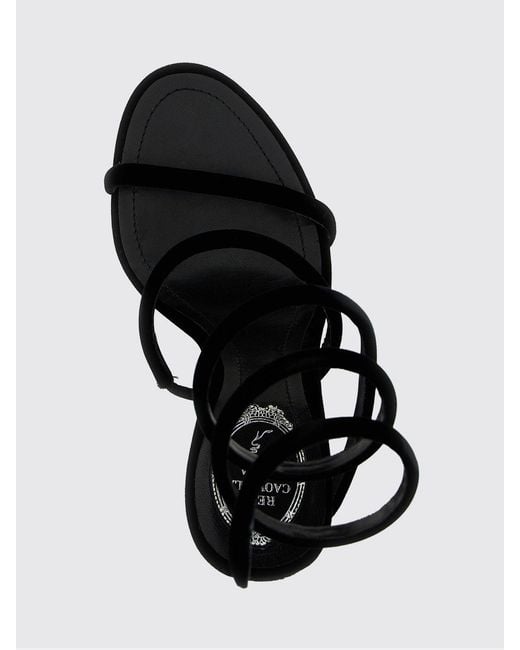 Rene Caovilla Black High-Heeled Velvet Sandals With Snake Strap And Stiletto Heel