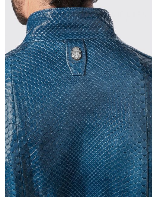 Billionaire Blue Snakeskin Leather Bomber Jacket With High Collar And Zip Closure for men