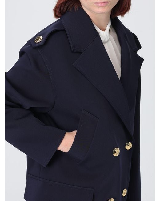 Elisabetta Franchi Blue Knee-Length Double-Breasted Scuba Coat With Metallic Buttons