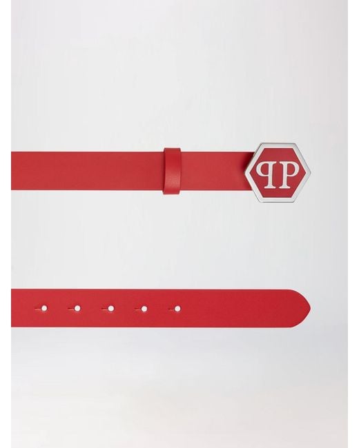 Philipp Plein Red Smooth Leather Belt With Hexagon Monogram Buckle