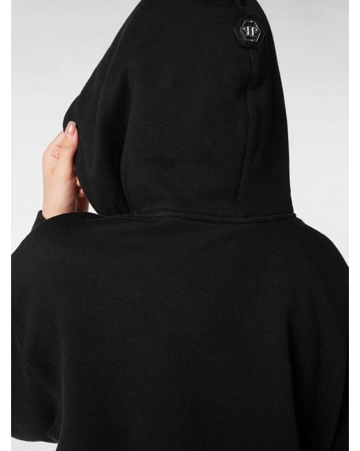Philipp Plein Black Teddy Bear Print Cotton Hoodie With Rhinestone Details