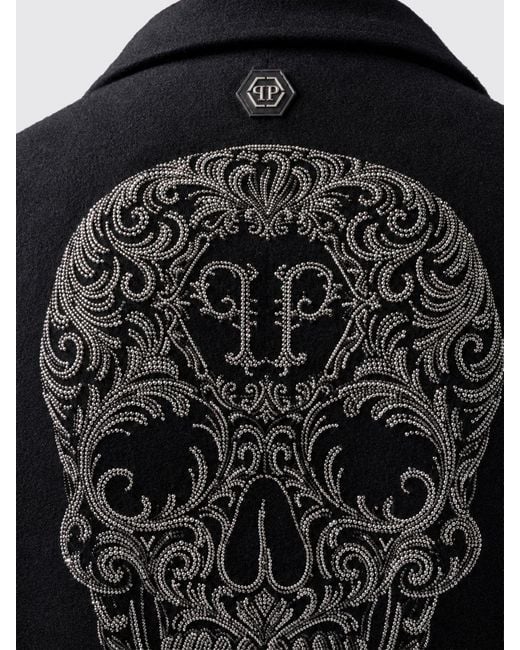 Philipp Plein Black Single-Breasted Wool Coat With Skull Embroidery And Crystals for men